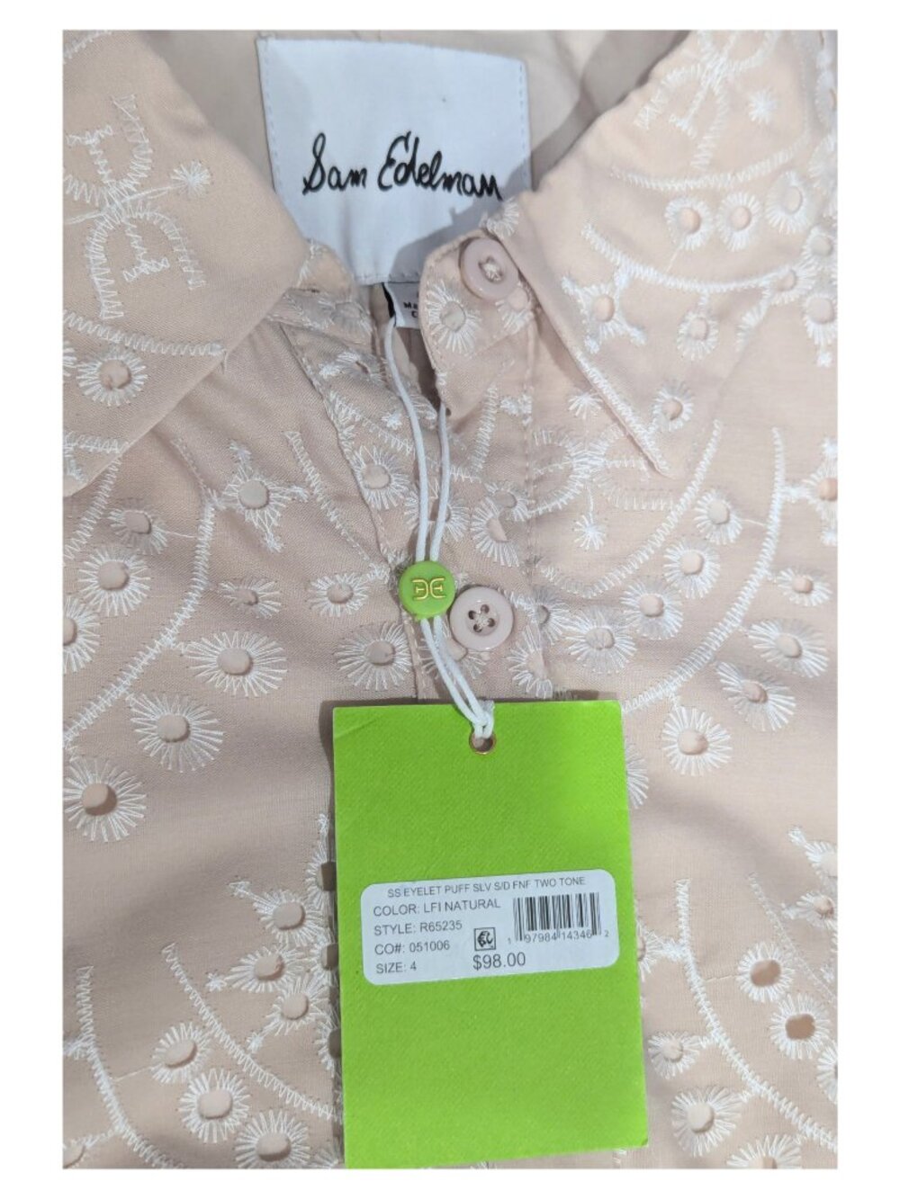 Sam Edelman Eyelet Puff Sleeve Shirt Dress Natural Size 4 NWT Belted - Picture 7 of 11